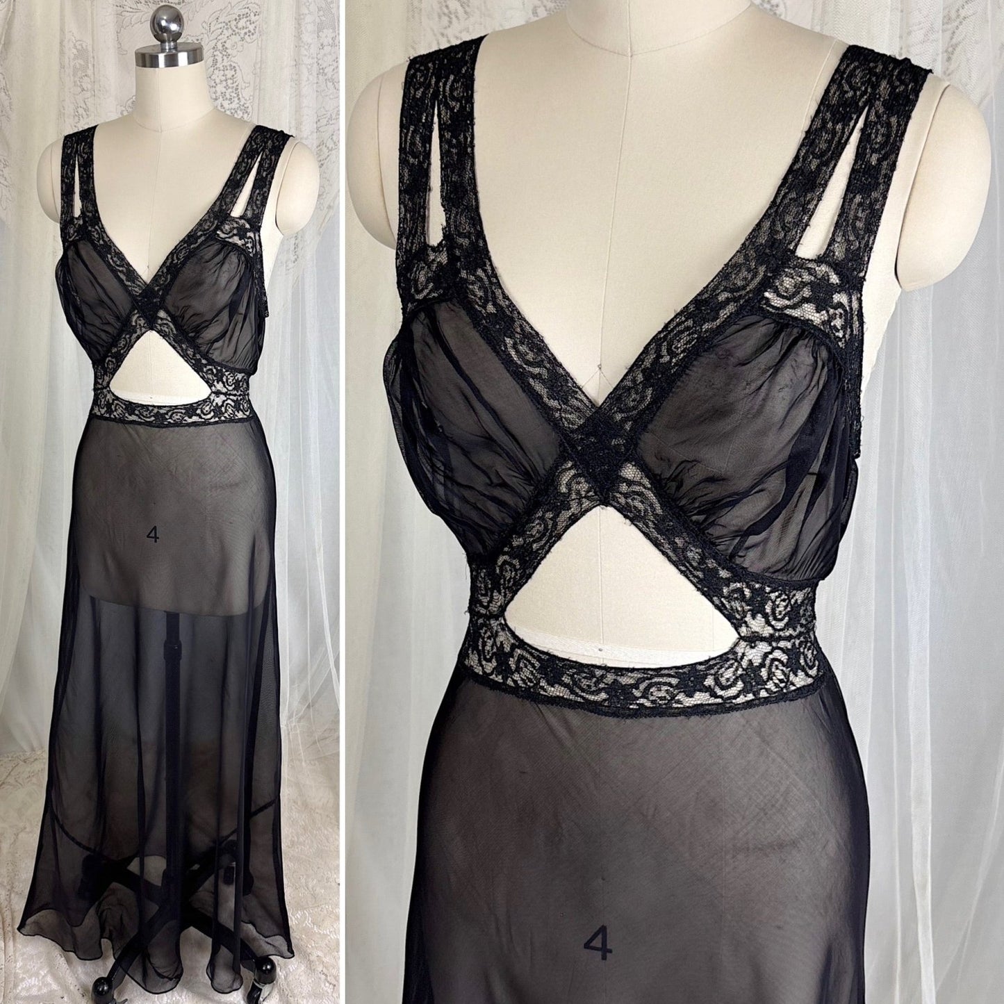 Vintage 1940's Sheer Rayon Chiffon Nightgown with Waist Cutout Design, size S, M - Daggers & Dames