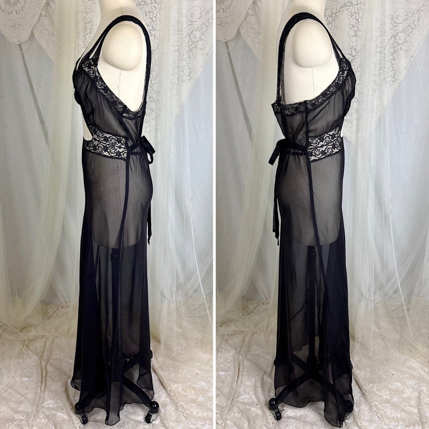 Vintage 1940's Sheer Rayon Chiffon Nightgown with Waist Cutout Design, size S, M - Daggers & Dames
