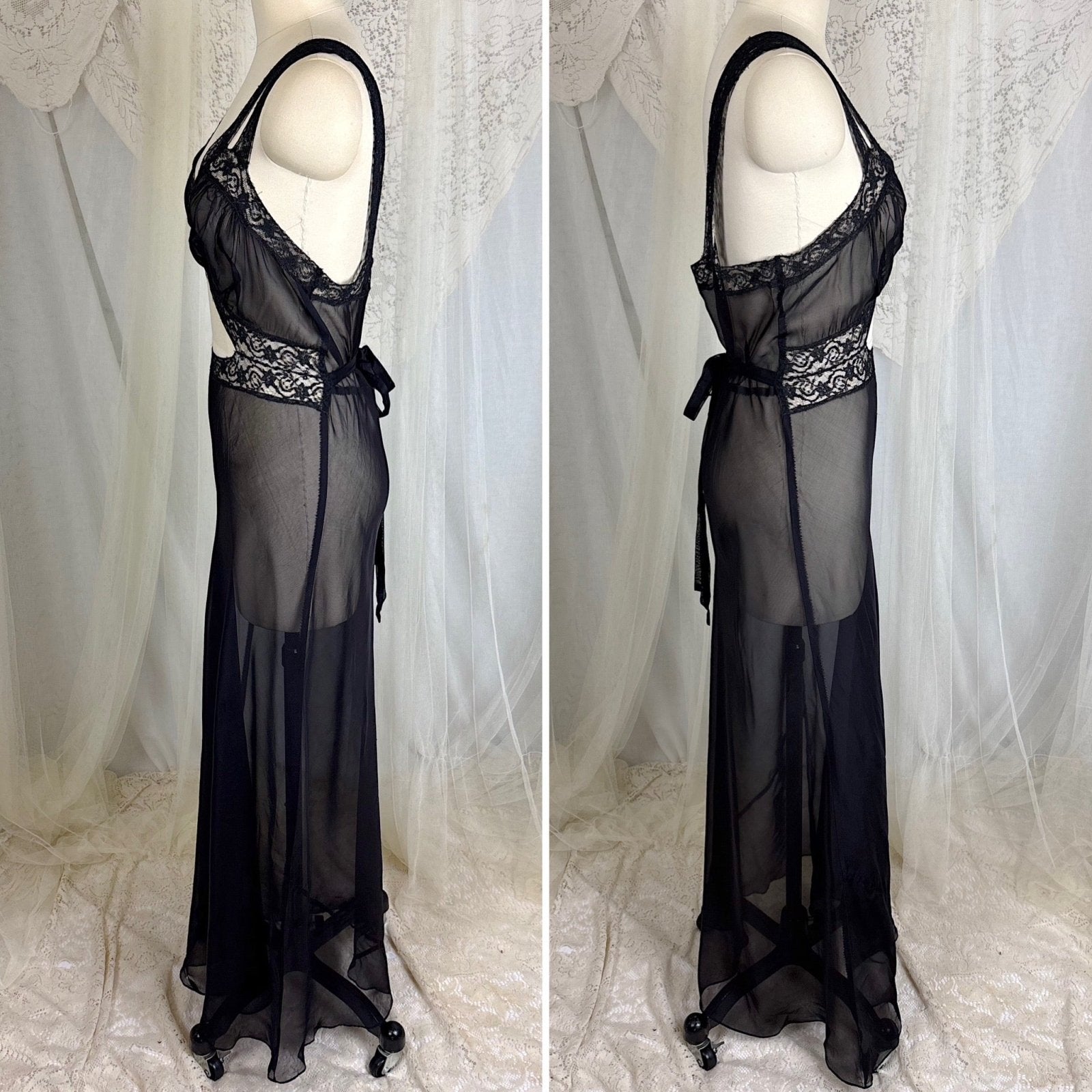 Vintage 1940's Sheer Rayon Chiffon Nightgown with Waist Cutout Design, size S, M - Daggers & Dames