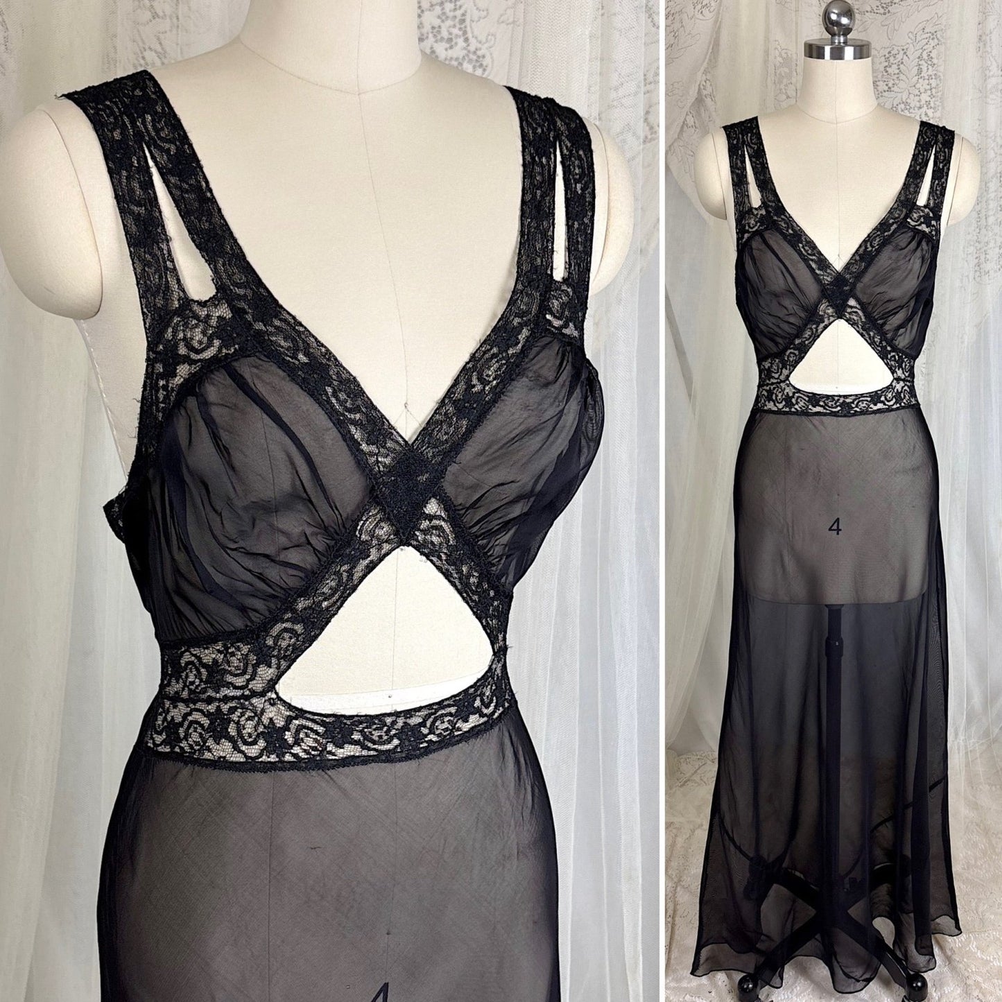 Vintage 1940's Sheer Rayon Chiffon Nightgown with Waist Cutout Design, size S, M - Daggers & Dames