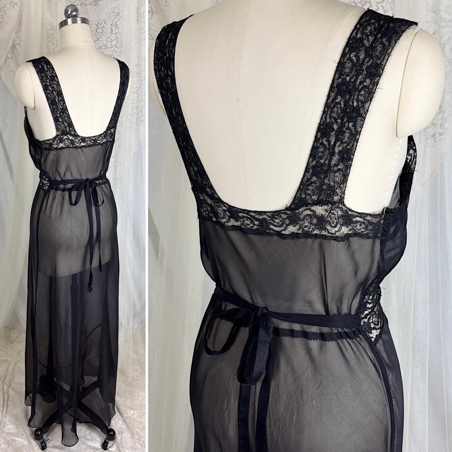 Vintage 1940's Sheer Rayon Chiffon Nightgown with Waist Cutout Design, size S, M - Daggers & Dames