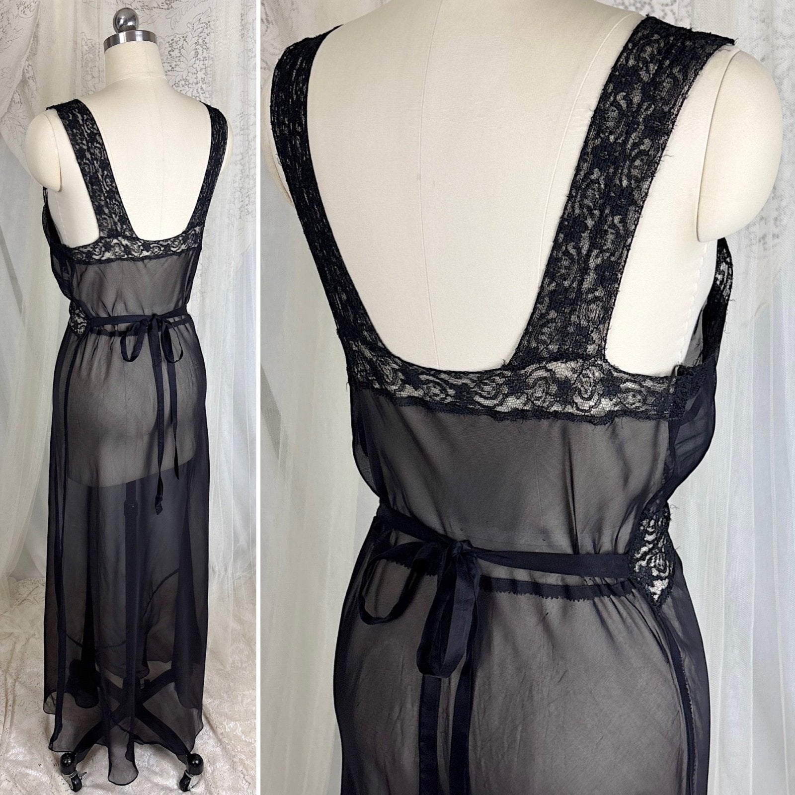 Vintage 1940's Sheer Rayon Chiffon Nightgown with Waist Cutout Design, size S, M - Daggers & Dames