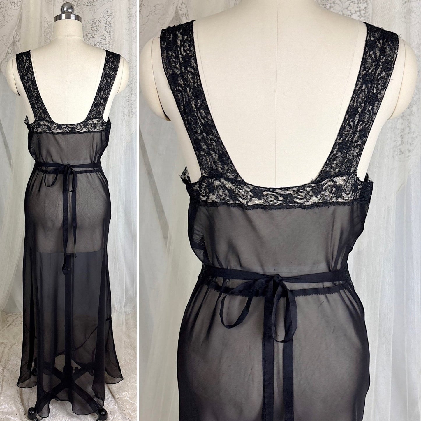 Vintage 1940's Sheer Rayon Chiffon Nightgown with Waist Cutout Design, size S, M - Daggers & Dames