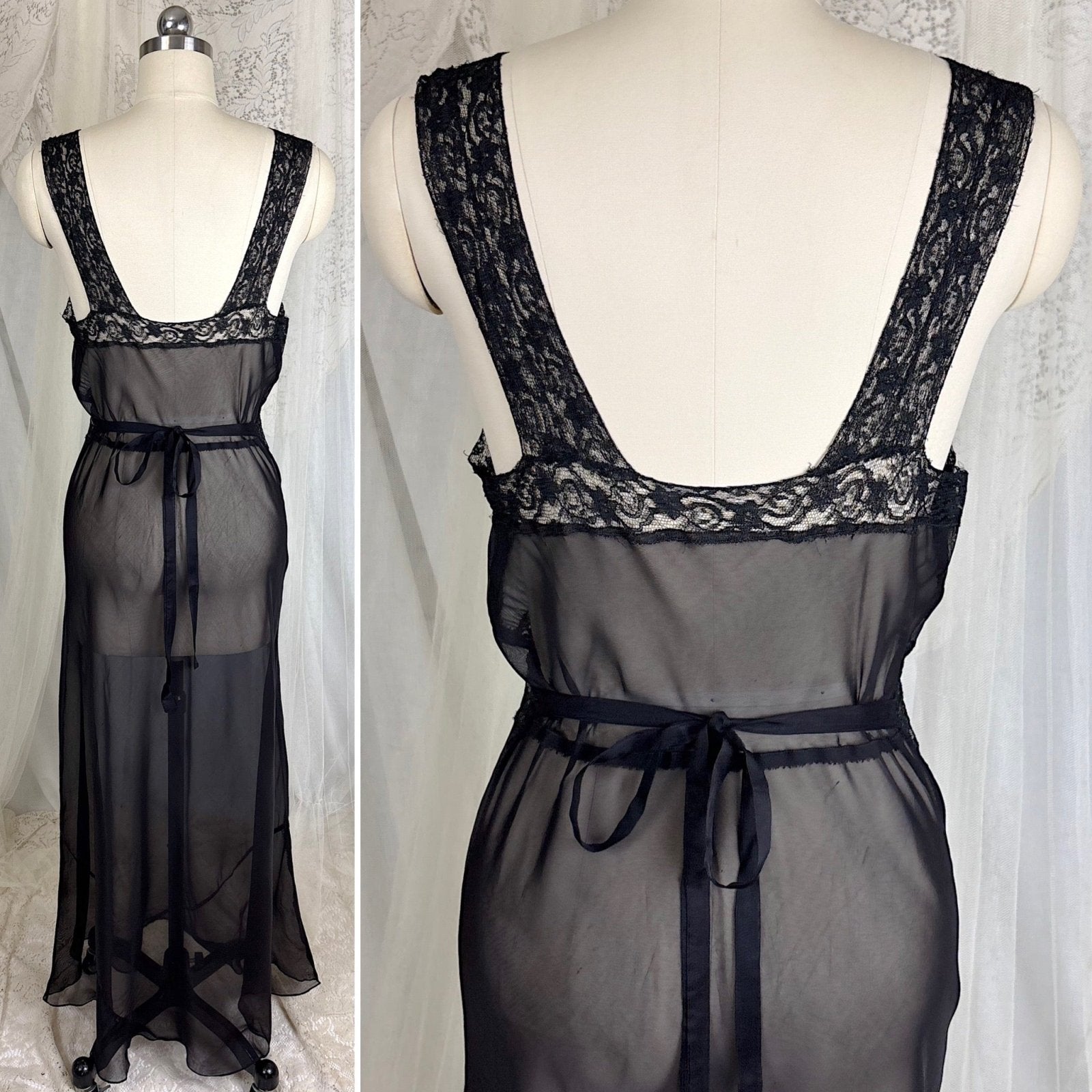 Vintage 1940's Sheer Rayon Chiffon Nightgown with Waist Cutout Design, size S, M - Daggers & Dames