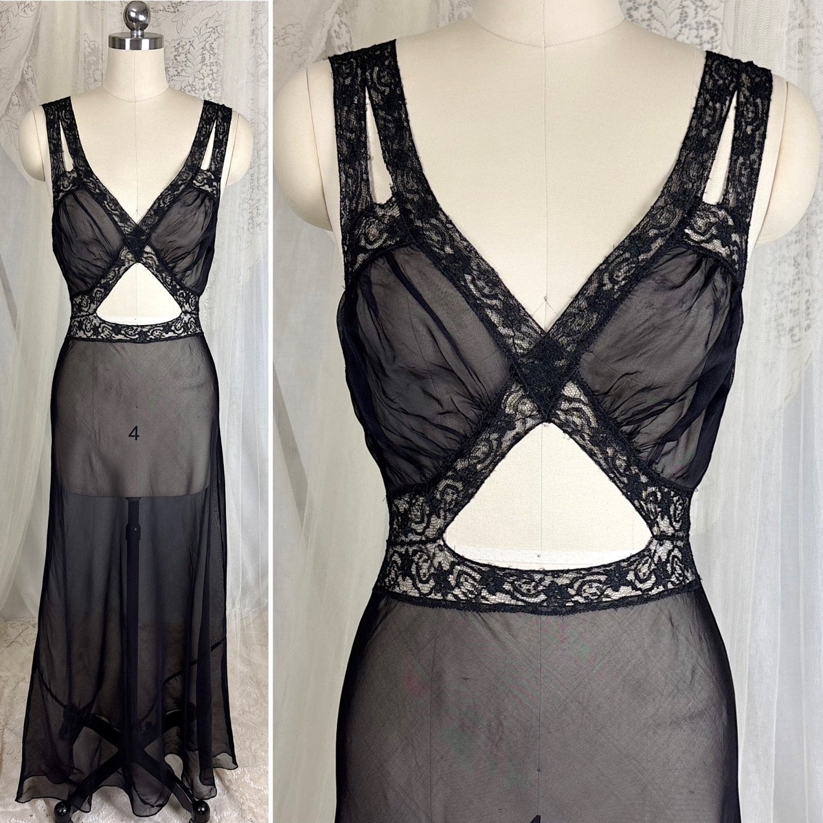 Vintage 1940's Sheer Rayon Chiffon Nightgown with Waist Cutout Design, size S, M - Daggers & Dames