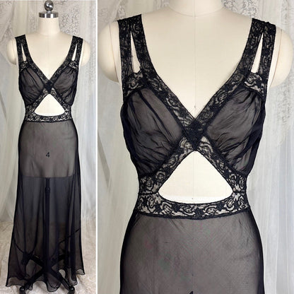 Vintage 1940's Sheer Rayon Chiffon Nightgown with Waist Cutout Design, size S, M - Daggers & Dames