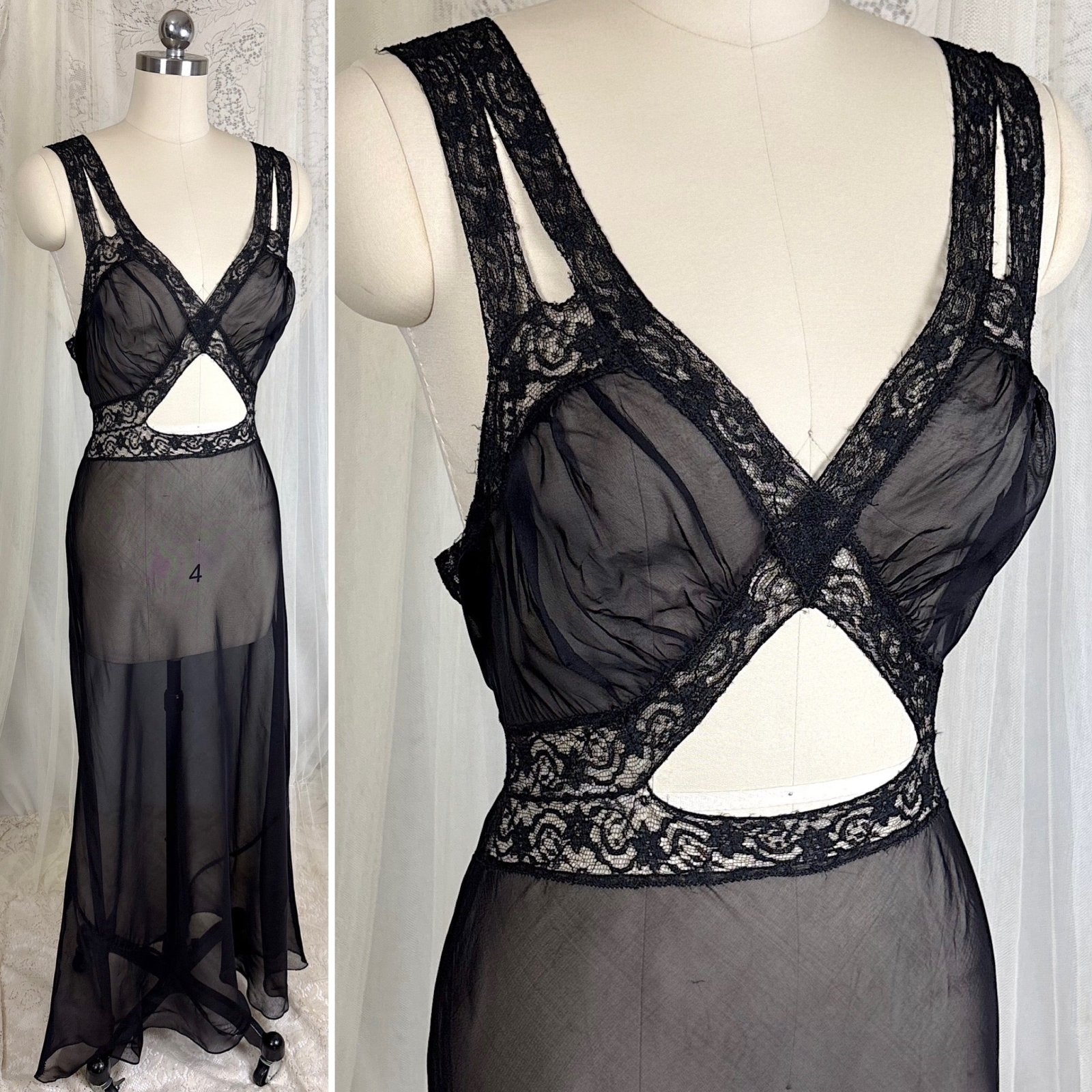 Vintage 1940's Sheer Rayon Chiffon Nightgown with Waist Cutout Design, size S, M - Daggers & Dames