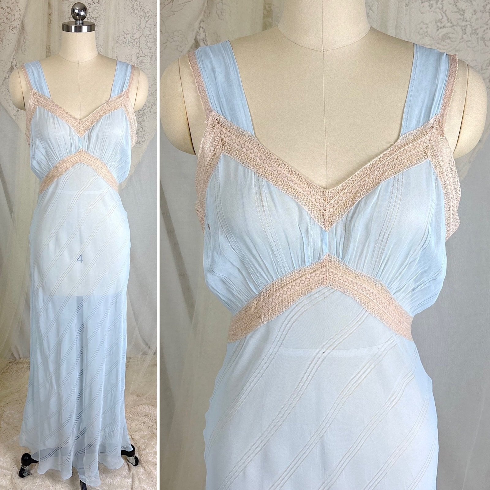 Vintage 1940's Sheer Sky Blue Rayon Chiffon Nightgown with Ladder Stitch Pattern, size S, M - Daggers & Dames