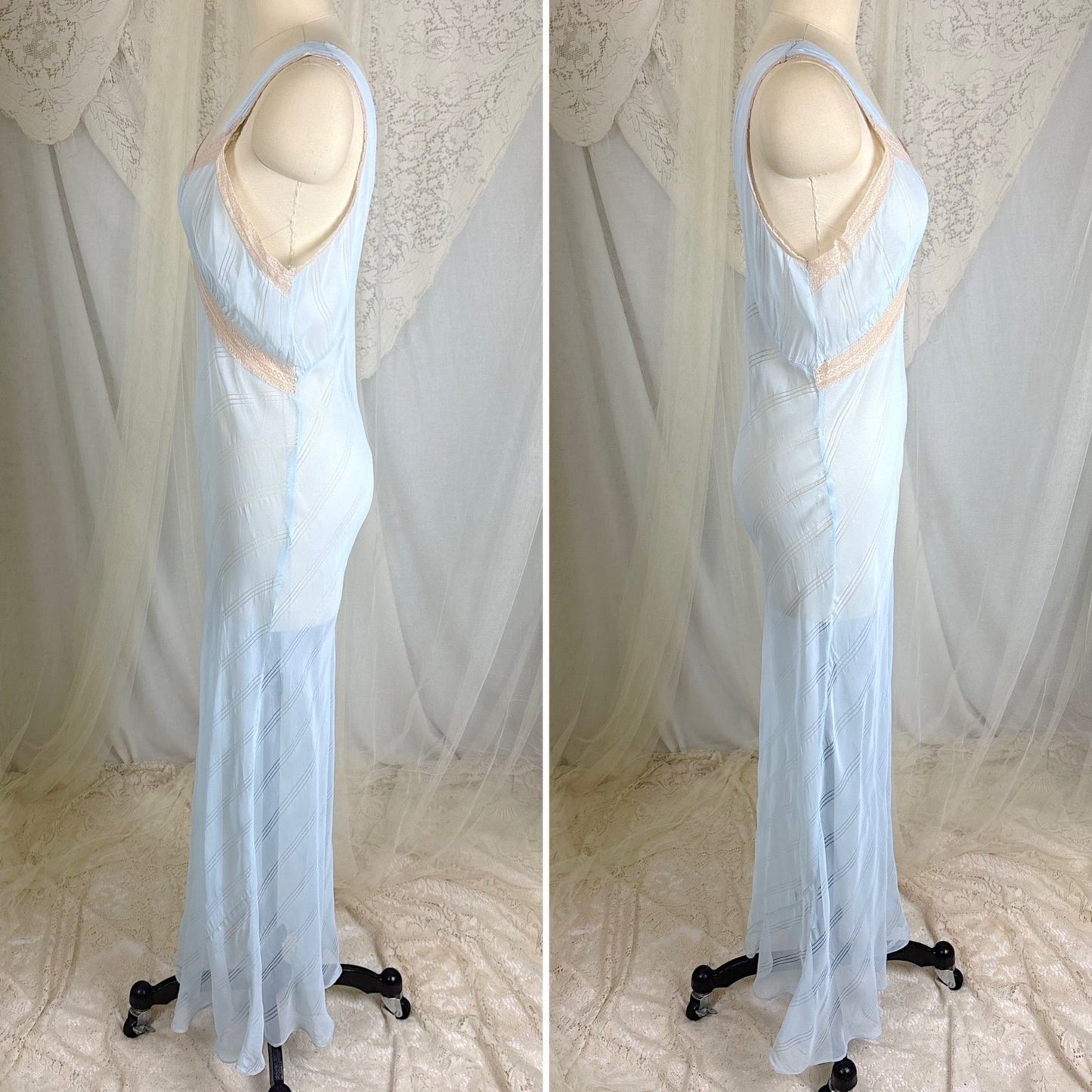Vintage 1940's Sheer Sky Blue Rayon Chiffon Nightgown with Ladder Stitch Pattern, size S, M - Daggers & Dames