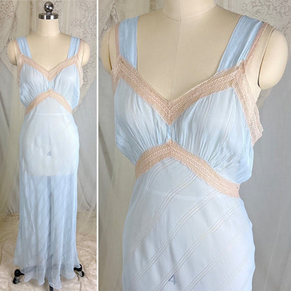 Vintage 1940's Sheer Sky Blue Rayon Chiffon Nightgown with Ladder Stitch Pattern, size S, M - Daggers & Dames