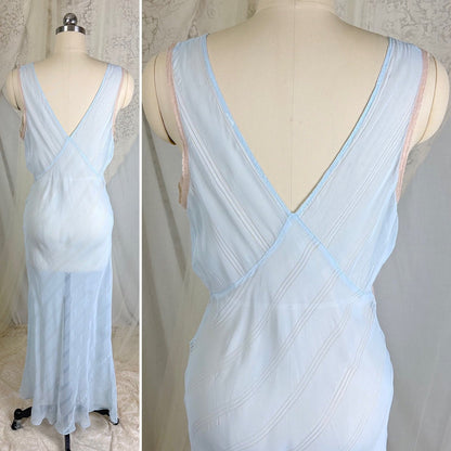 Vintage 1940's Sheer Sky Blue Rayon Chiffon Nightgown with Ladder Stitch Pattern, size S, M - Daggers & Dames