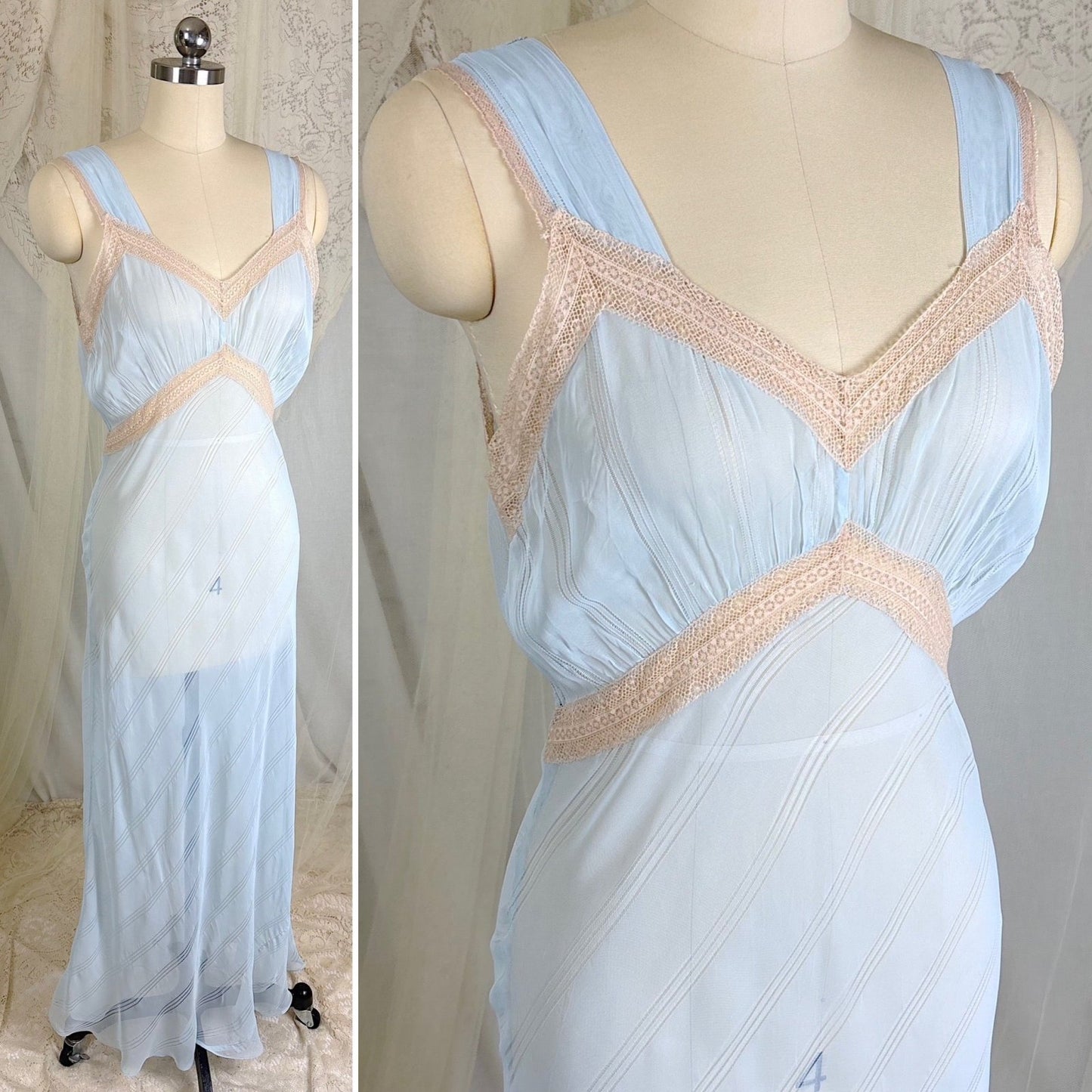 Vintage 1940's Sheer Sky Blue Rayon Chiffon Nightgown with Ladder Stitch Pattern, size S, M - Daggers & Dames