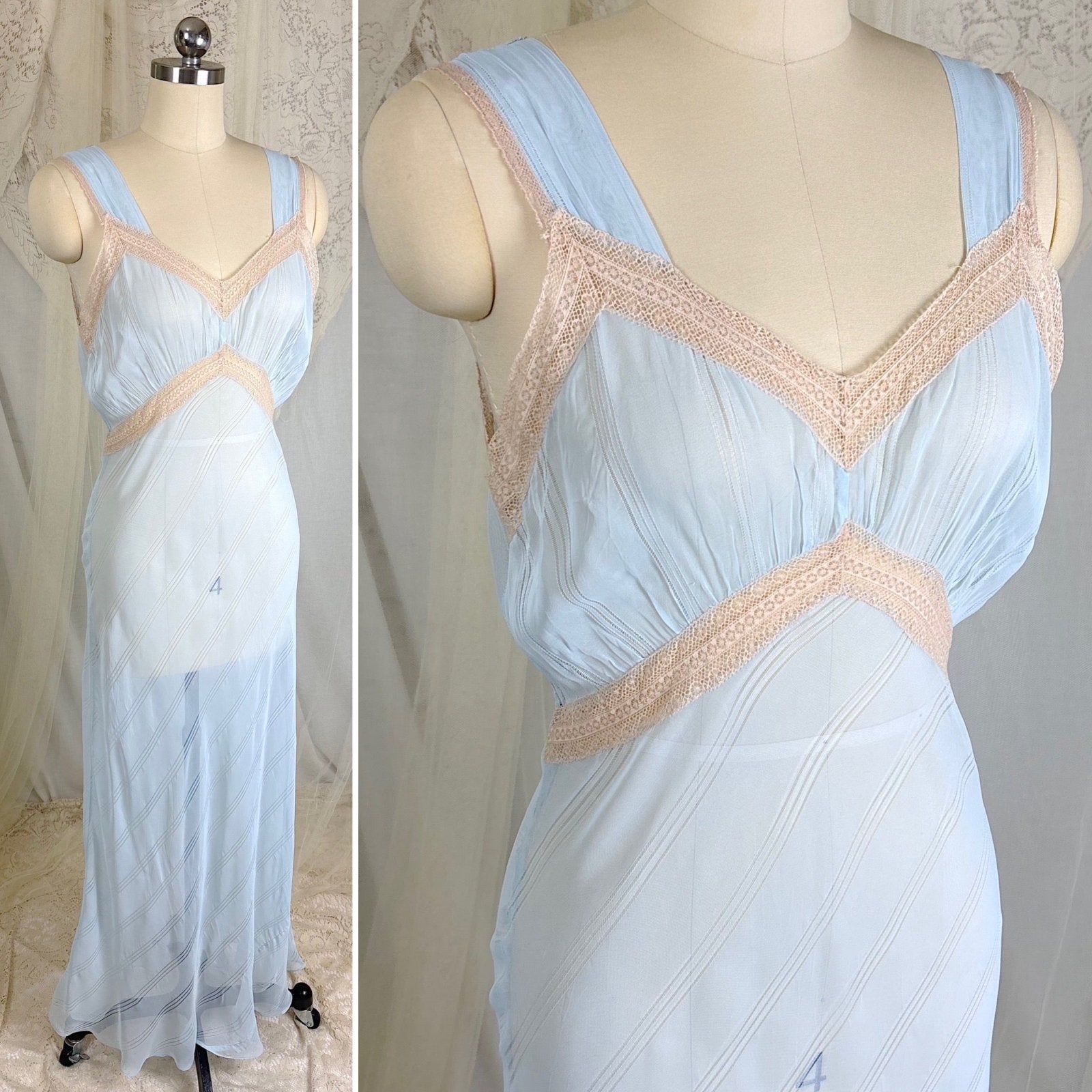 Vintage 1940's Sheer Sky Blue Rayon Chiffon Nightgown with Ladder Stitch Pattern, size S, M - Daggers & Dames