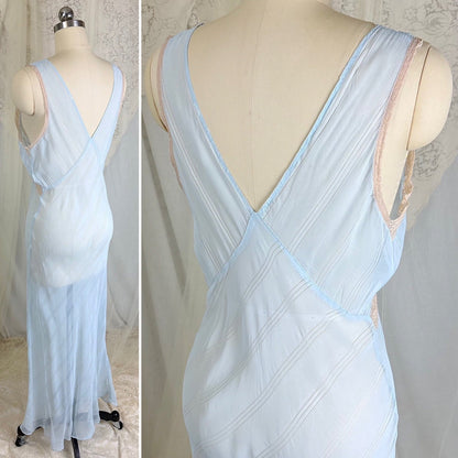 Vintage 1940's Sheer Sky Blue Rayon Chiffon Nightgown with Ladder Stitch Pattern, size S, M - Daggers & Dames