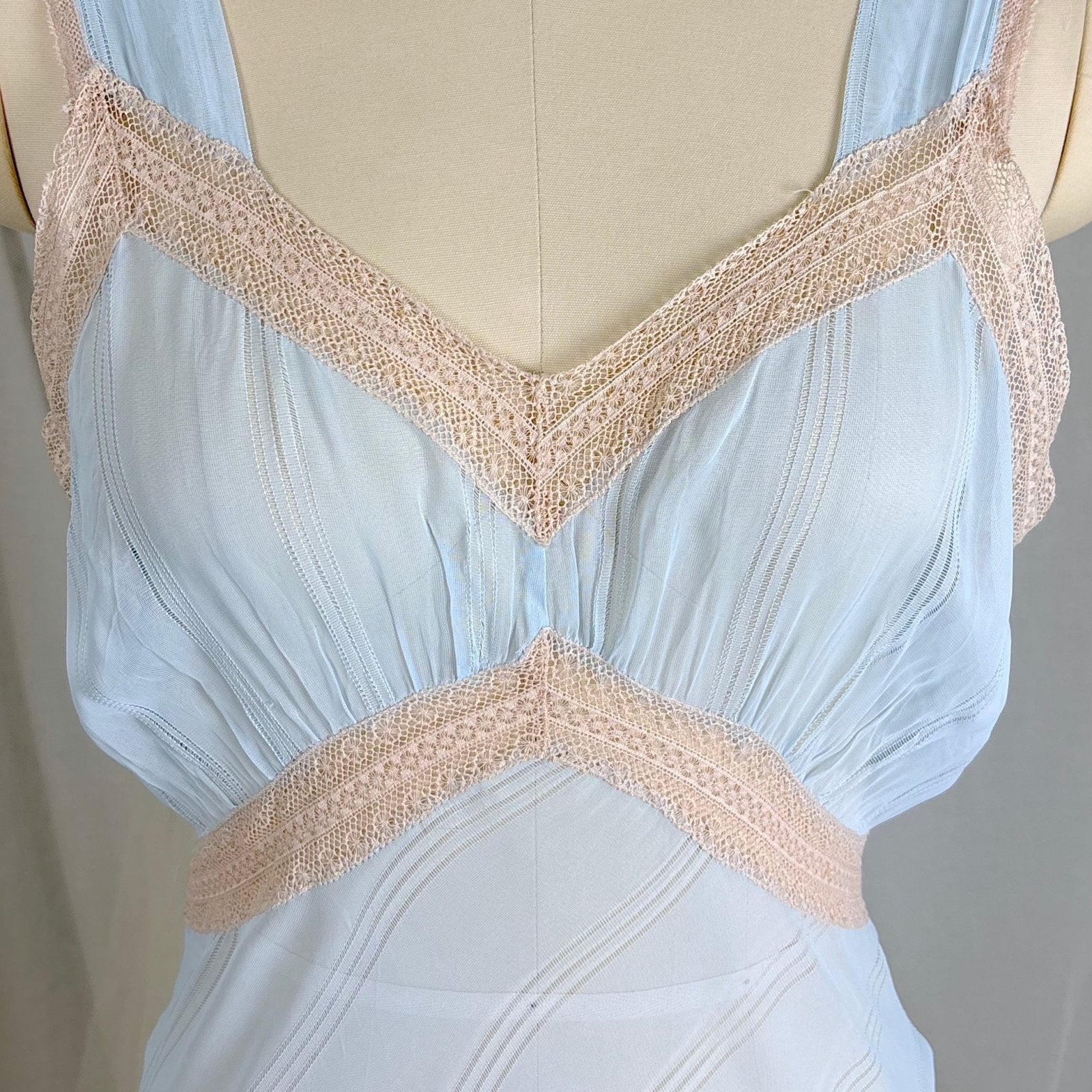 Vintage 1940's Sheer Sky Blue Rayon Chiffon Nightgown with Ladder Stitch Pattern, size S, M - Daggers & Dames