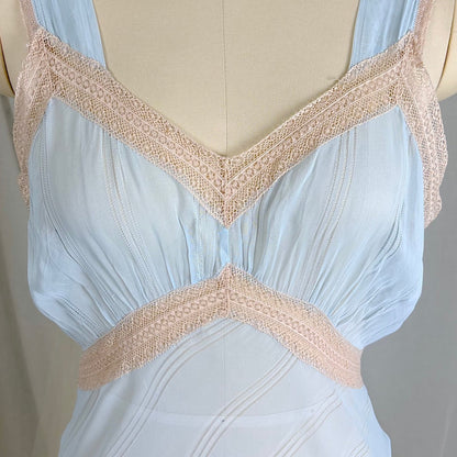 Vintage 1940's Sheer Sky Blue Rayon Chiffon Nightgown with Ladder Stitch Pattern, size S, M - Daggers & Dames