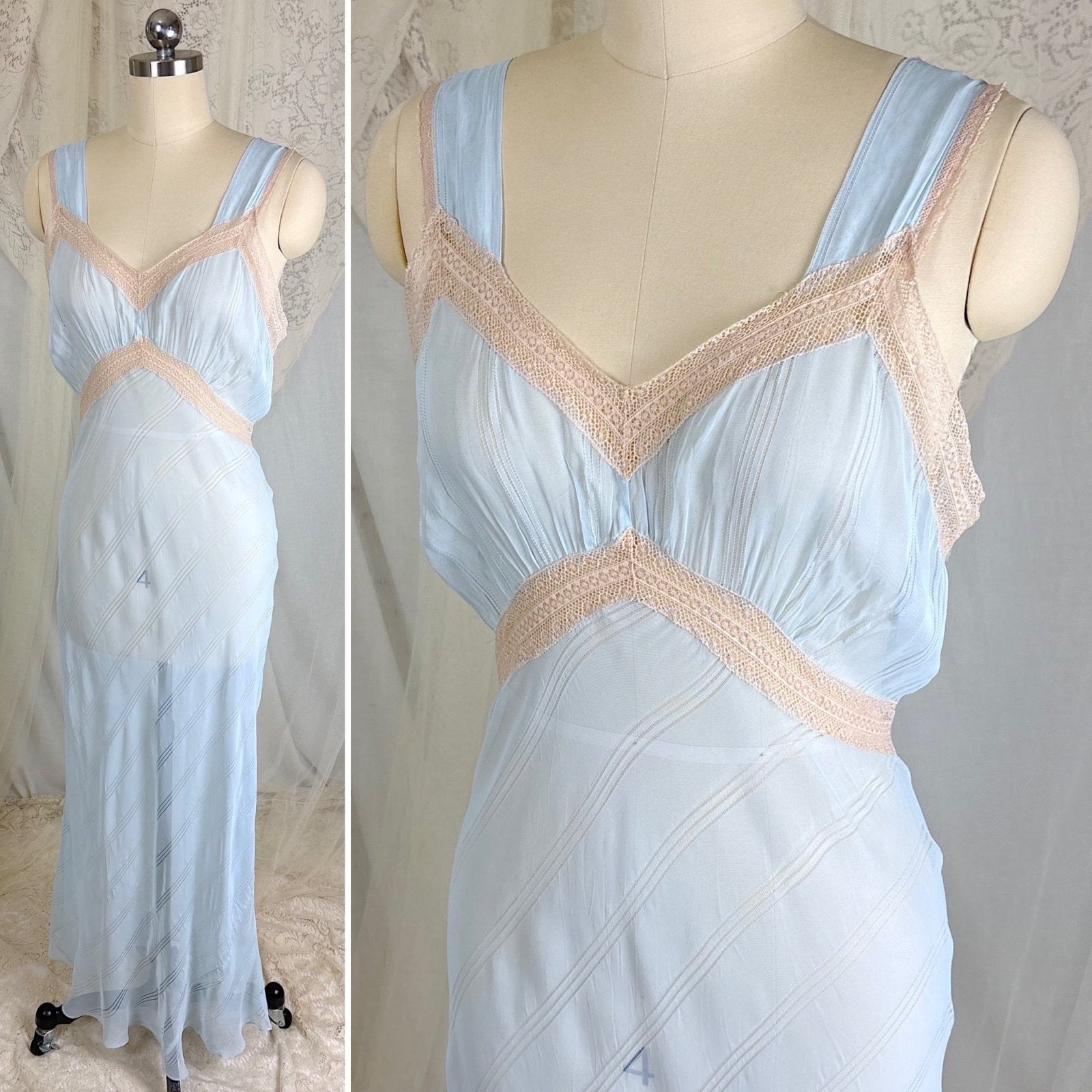 Vintage 1940's Sheer Sky Blue Rayon Chiffon Nightgown with Ladder Stitch Pattern, size S, M - Daggers & Dames