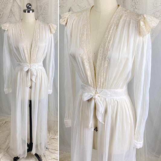 Vintage 1940s Sheer White Rayon Chiffon Dressing Gown with Ivory Cotton Lace & Tie Waist - Size XS - Daggers & Dames
