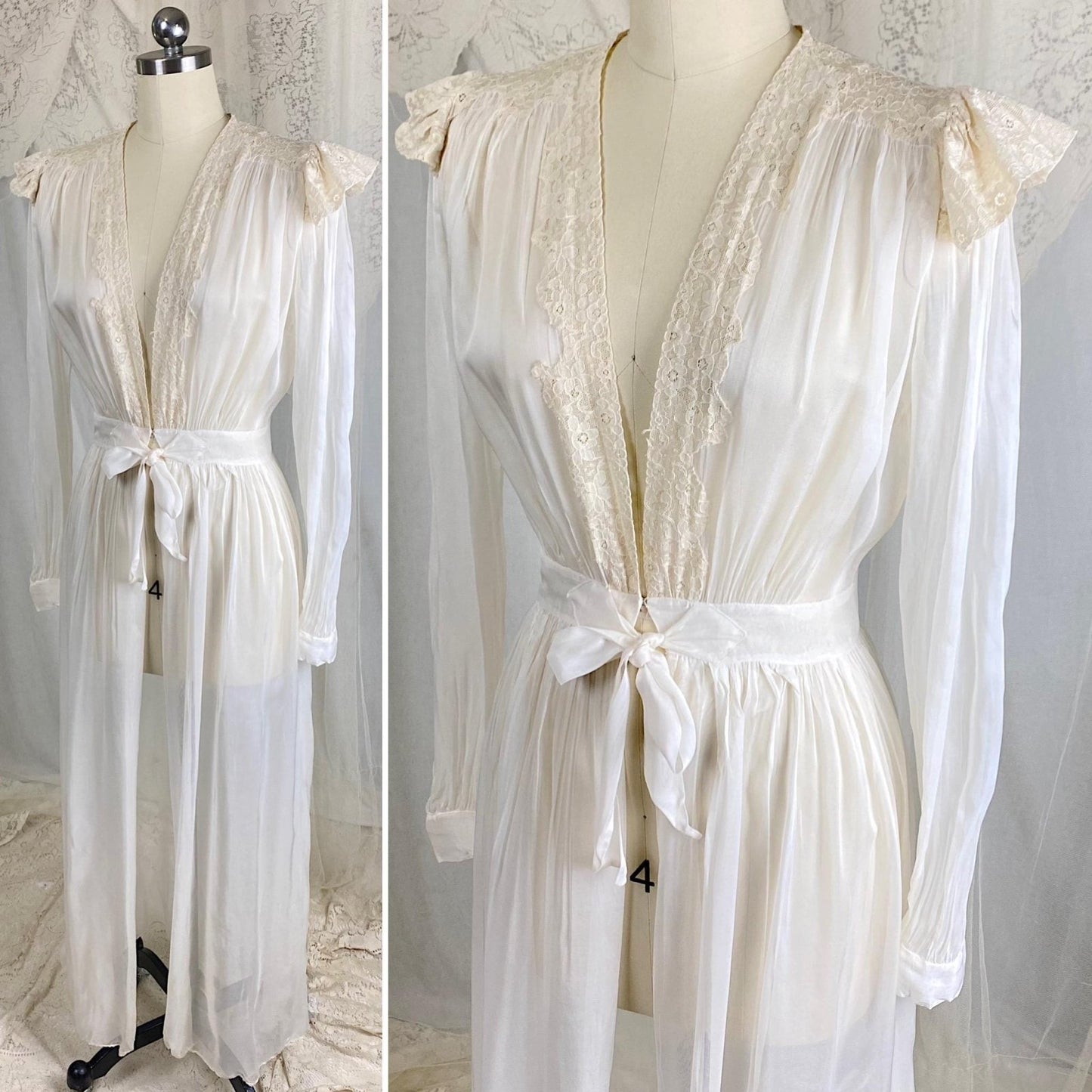 Vintage 1940s Sheer White Rayon Chiffon Dressing Gown with Ivory Cotton Lace & Tie Waist - Size XS - Daggers & Dames