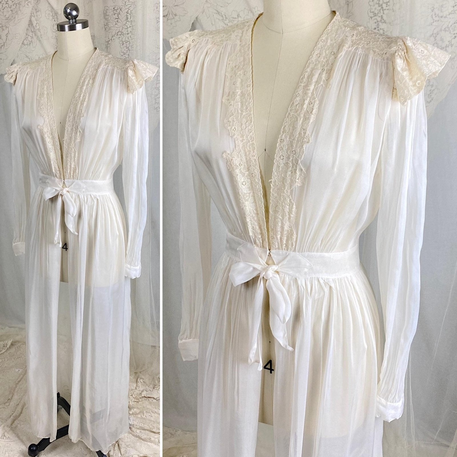 Vintage 1940s Sheer White Rayon Chiffon Dressing Gown with Ivory Cotton Lace & Tie Waist - Size XS - Daggers & Dames