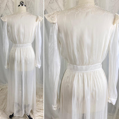 Vintage 1940s Sheer White Rayon Chiffon Dressing Gown with Ivory Cotton Lace & Tie Waist - Size XS - Daggers & Dames