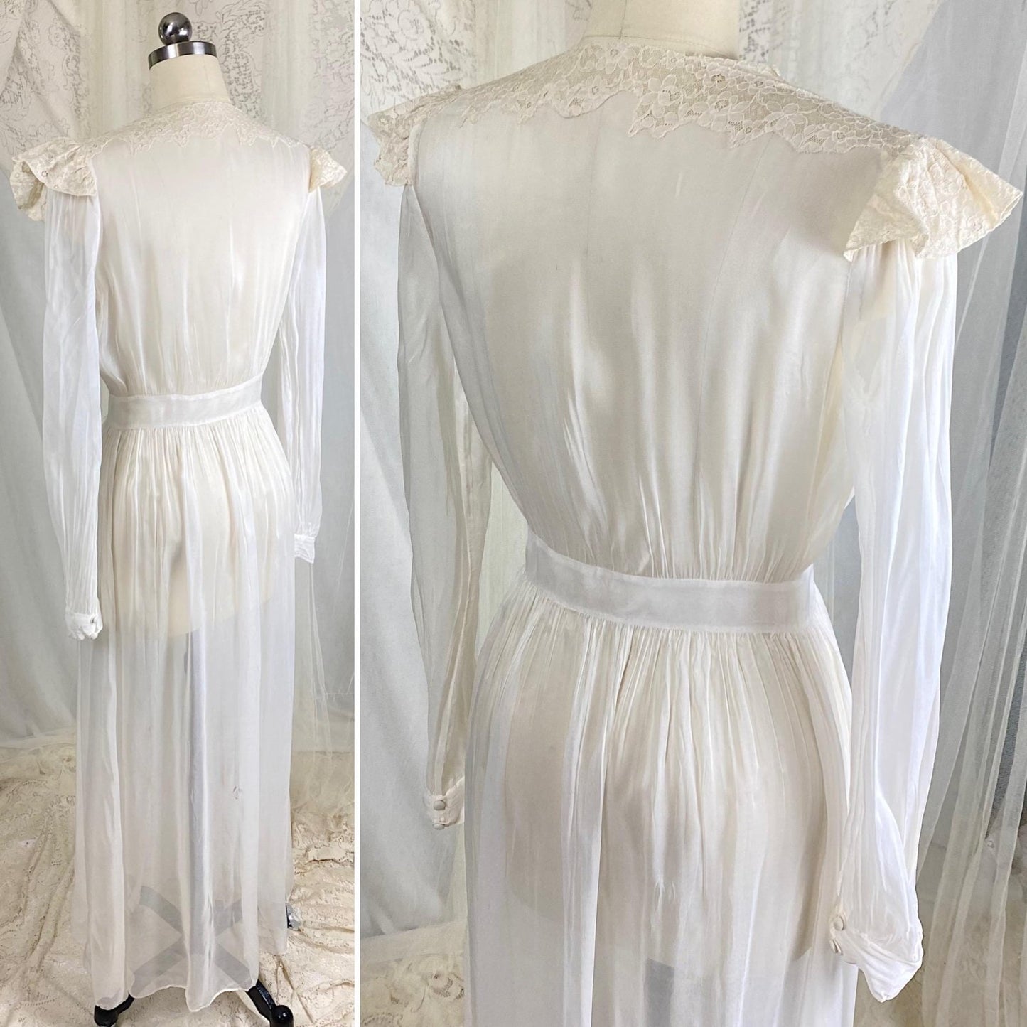 Vintage 1940s Sheer White Rayon Chiffon Dressing Gown with Ivory Cotton Lace & Tie Waist - Size XS - Daggers & Dames