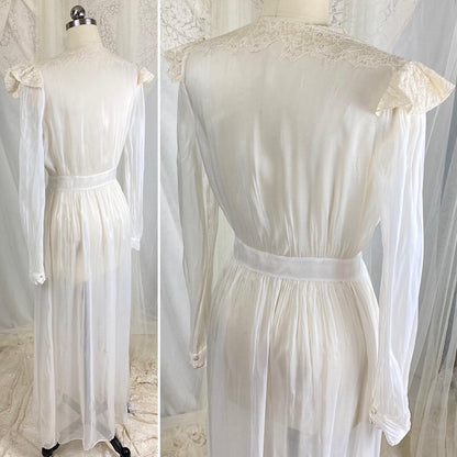 Vintage 1940s Sheer White Rayon Chiffon Dressing Gown with Ivory Cotton Lace & Tie Waist - Size XS - Daggers & Dames