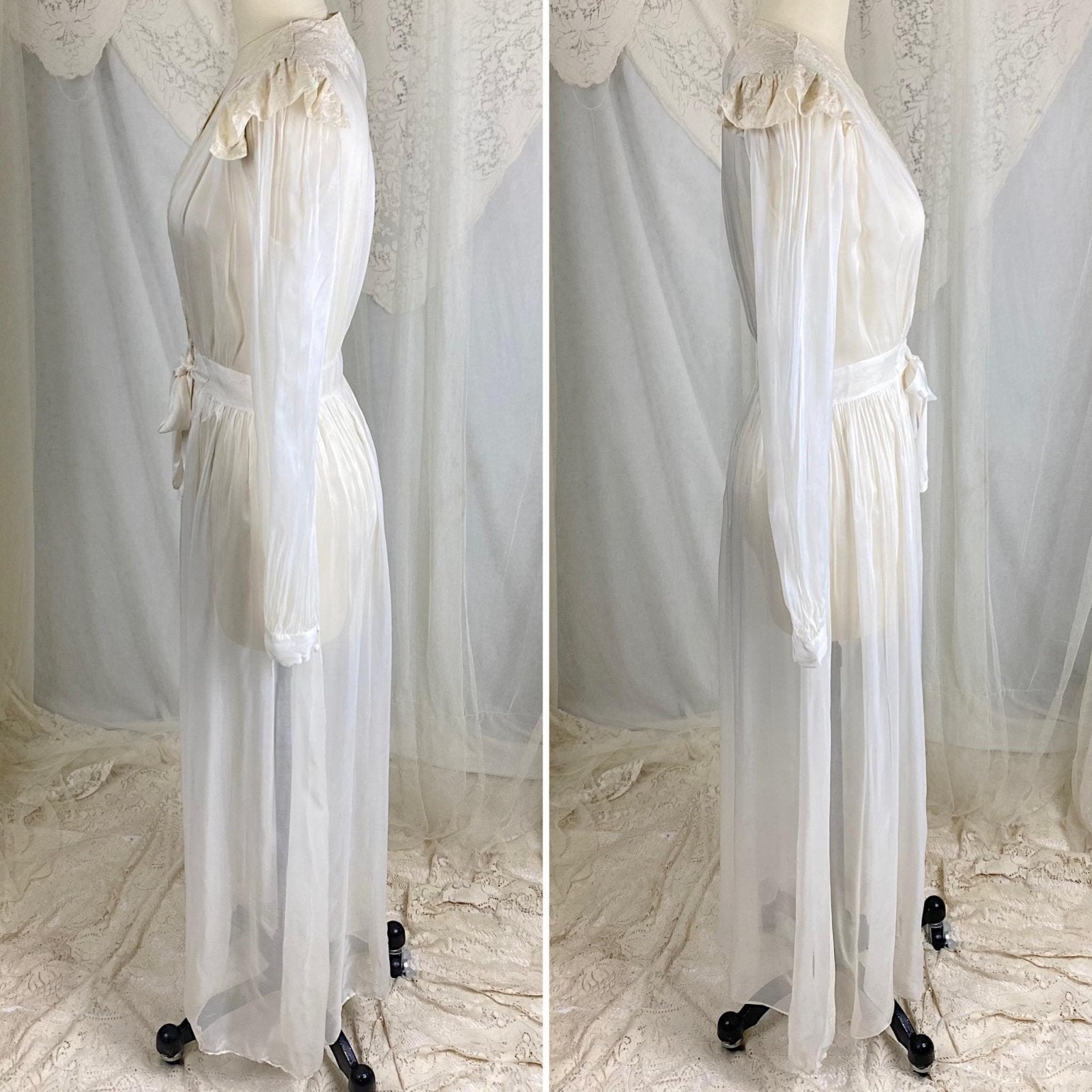 Vintage 1940s Sheer White Rayon Chiffon Dressing Gown with Ivory Cotton Lace & Tie Waist - Size XS - Daggers & Dames