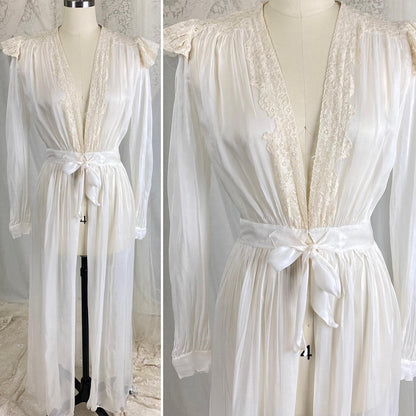 Vintage 1940s Sheer White Rayon Chiffon Dressing Gown with Ivory Cotton Lace & Tie Waist - Size XS - Daggers & Dames
