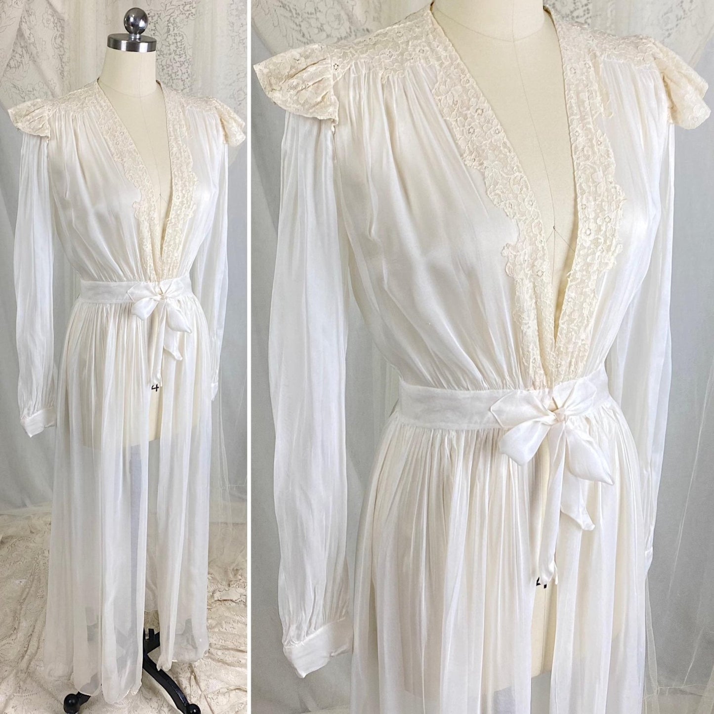 Vintage 1940s Sheer White Rayon Chiffon Dressing Gown with Ivory Cotton Lace & Tie Waist - Size XS - Daggers & Dames