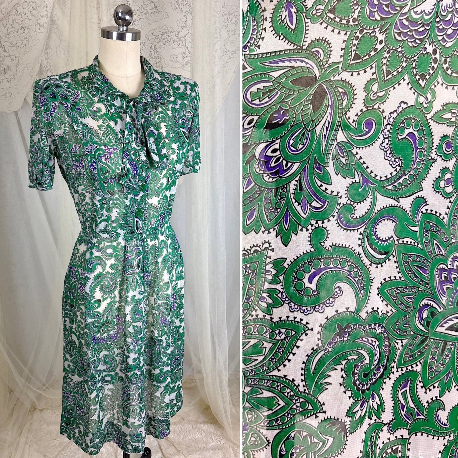 Vintage 1940's Sheer White Rayon Shirtwaist Dress with Bold Green & Purple Paisley Print - Rare Plastic Zipper - Size XS, S - Daggers & Dames