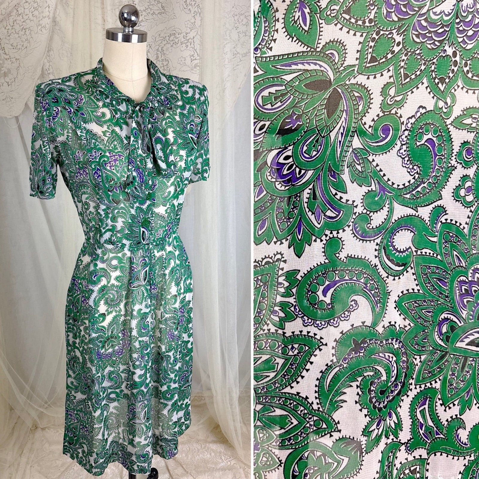 Vintage 1940's Sheer White Rayon Shirtwaist Dress with Bold Green & Purple Paisley Print - Rare Plastic Zipper - Size XS, S - Daggers & Dames