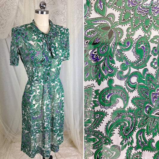 Vintage 1940's Sheer White Rayon Shirtwaist Dress with Bold Green & Purple Paisley Print - Rare Plastic Zipper - Size XS, S - Daggers & Dames
