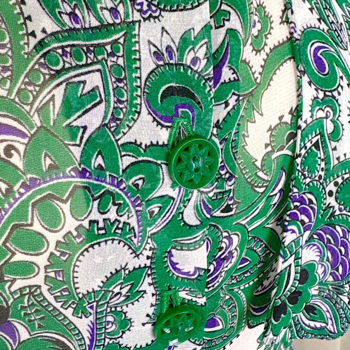 Vintage 1940's Sheer White Rayon Shirtwaist Dress with Bold Green & Purple Paisley Print - Rare Plastic Zipper - Size XS, S - Daggers & Dames