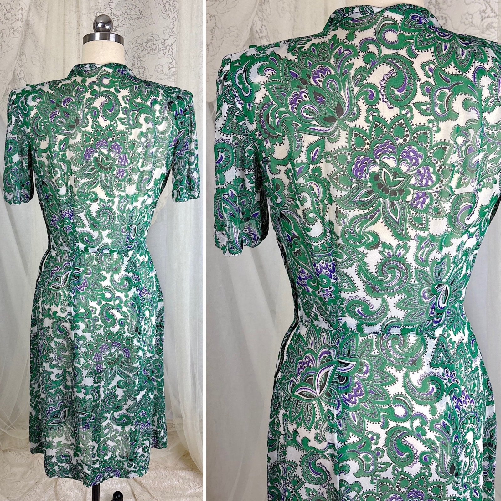 Vintage 1940's Sheer White Rayon Shirtwaist Dress with Bold Green & Purple Paisley Print - Rare Plastic Zipper - Size XS, S - Daggers & Dames