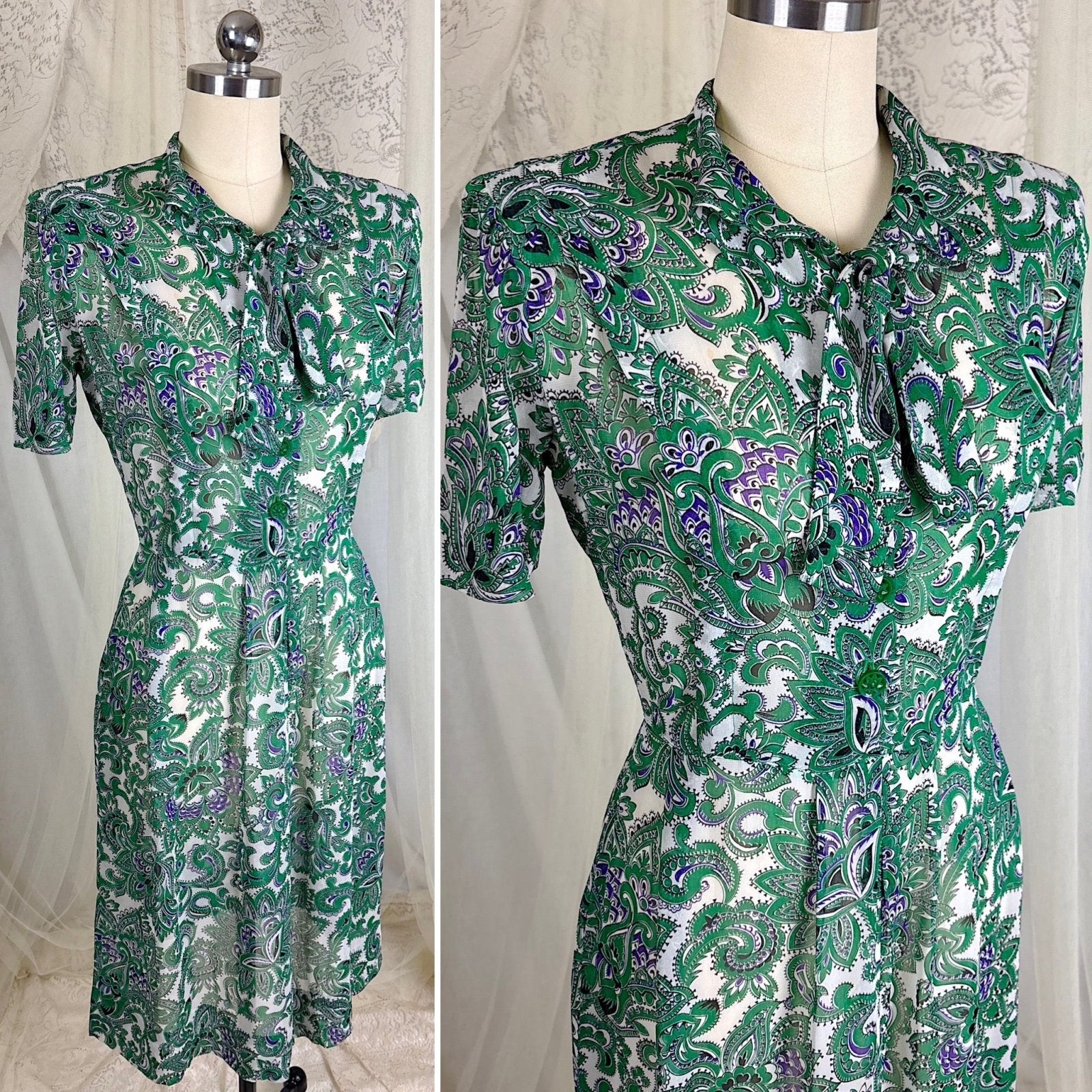 Vintage 1940's Sheer White Rayon Shirtwaist Dress with Bold Green & Purple Paisley Print - Rare Plastic Zipper - Size XS, S - Daggers & Dames