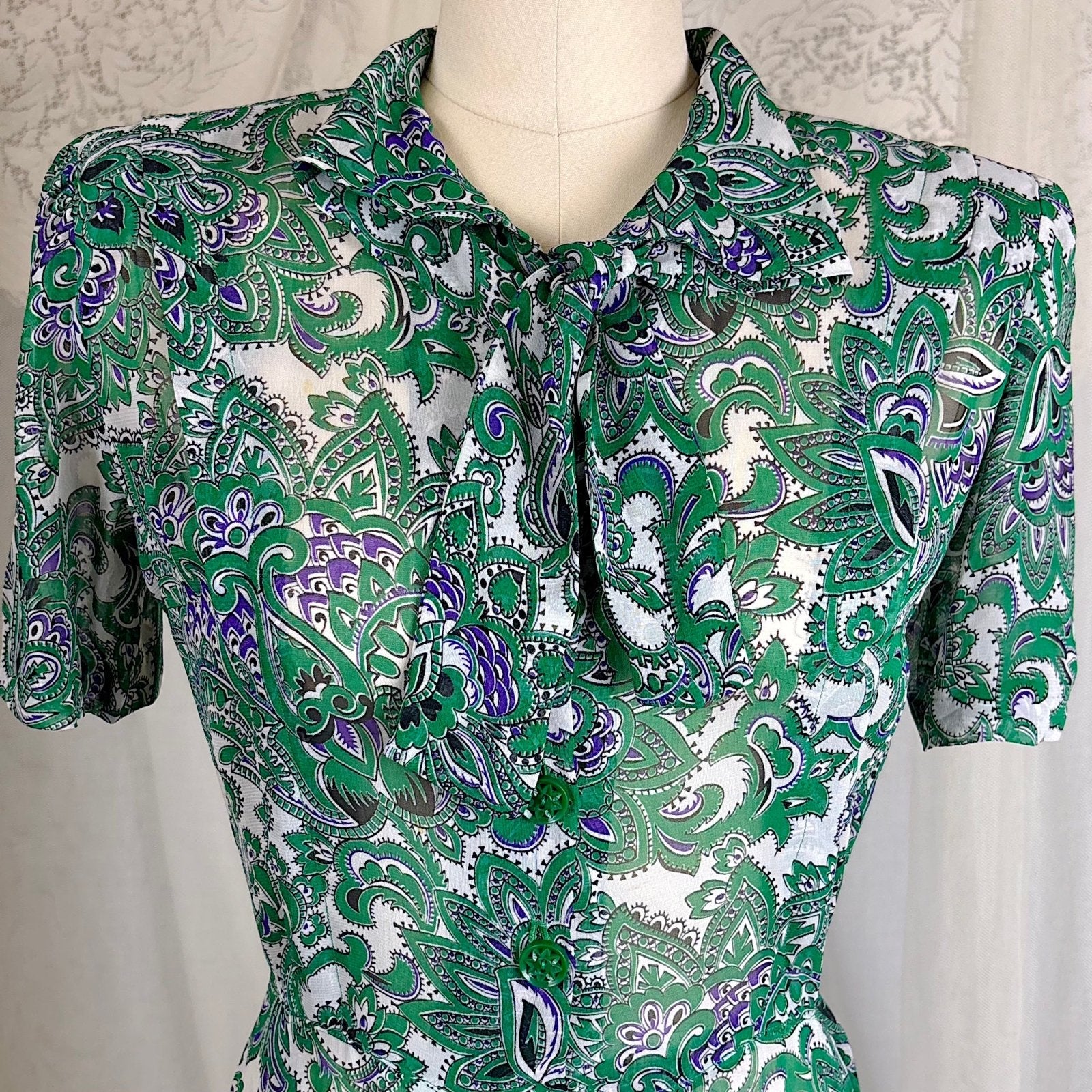 Vintage 1940's Sheer White Rayon Shirtwaist Dress with Bold Green & Purple Paisley Print - Rare Plastic Zipper - Size XS, S - Daggers & Dames
