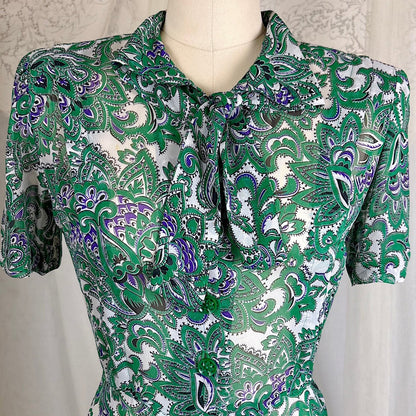 Vintage 1940's Sheer White Rayon Shirtwaist Dress with Bold Green & Purple Paisley Print - Rare Plastic Zipper - Size XS, S - Daggers & Dames