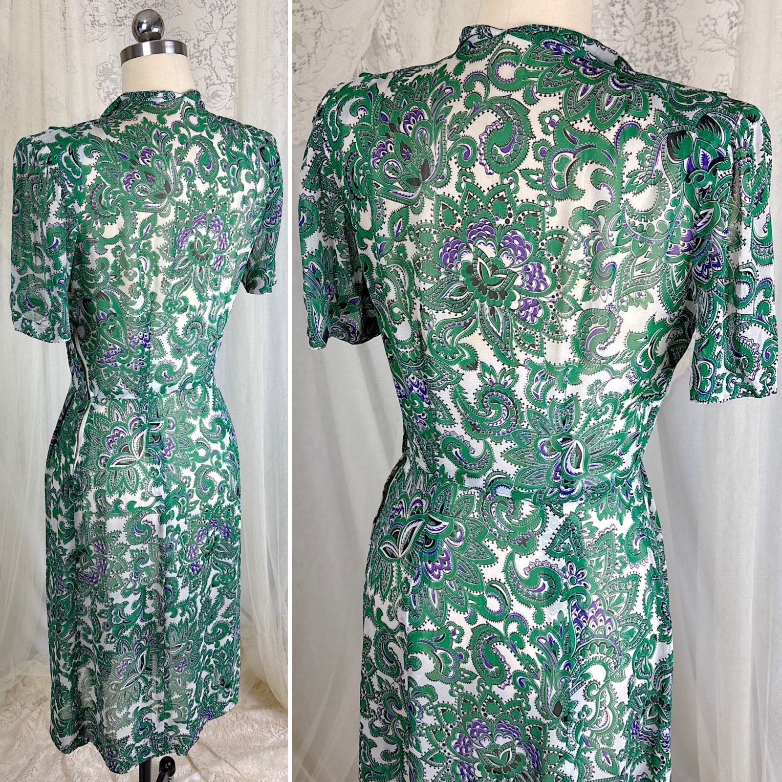 Vintage 1940's Sheer White Rayon Shirtwaist Dress with Bold Green & Purple Paisley Print - Rare Plastic Zipper - Size XS, S - Daggers & Dames