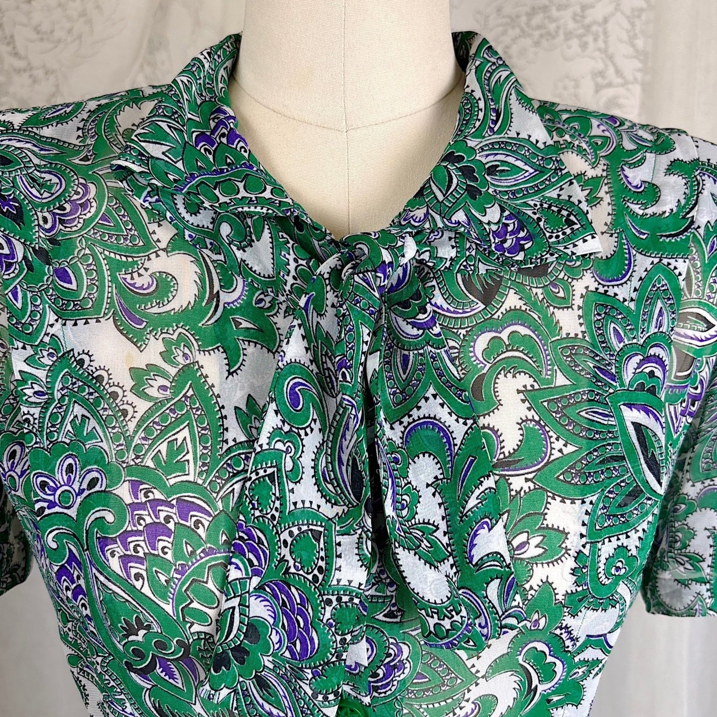 Vintage 1940's Sheer White Rayon Shirtwaist Dress with Bold Green & Purple Paisley Print - Rare Plastic Zipper - Size XS, S - Daggers & Dames