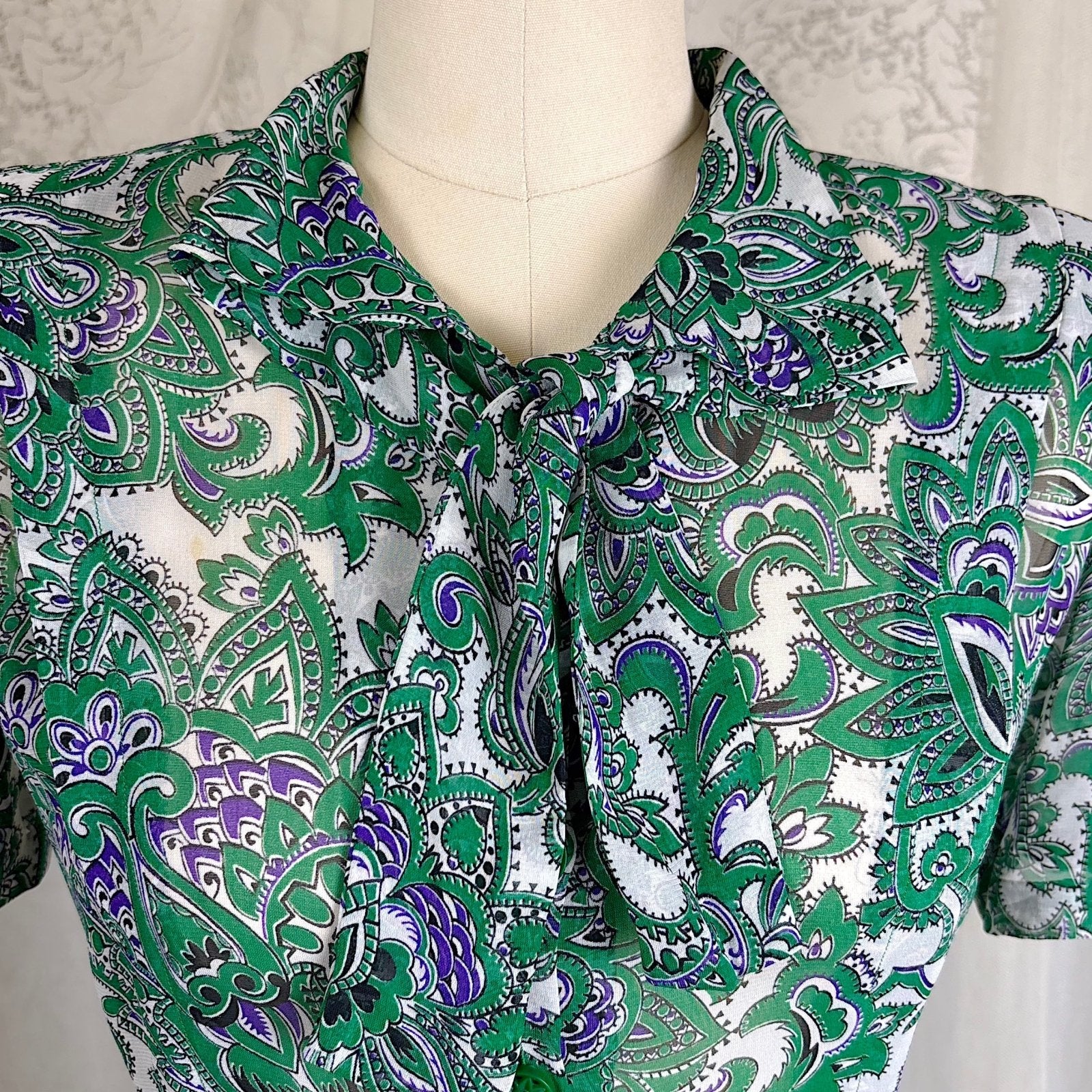 Vintage 1940's Sheer White Rayon Shirtwaist Dress with Bold Green & Purple Paisley Print - Rare Plastic Zipper - Size XS, S - Daggers & Dames