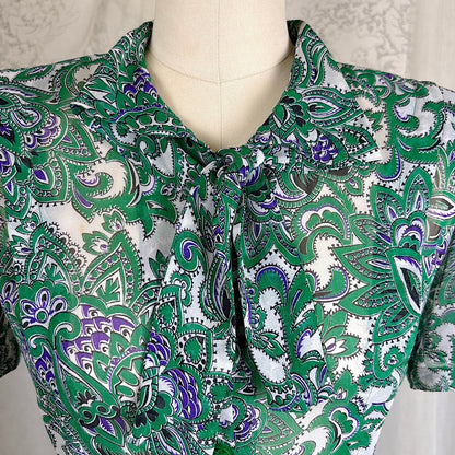 Vintage 1940's Sheer White Rayon Shirtwaist Dress with Bold Green & Purple Paisley Print - Rare Plastic Zipper - Size XS, S - Daggers & Dames