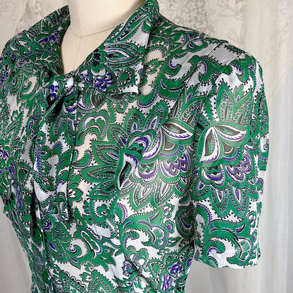 Vintage 1940's Sheer White Rayon Shirtwaist Dress with Bold Green & Purple Paisley Print - Rare Plastic Zipper - Size XS, S - Daggers & Dames
