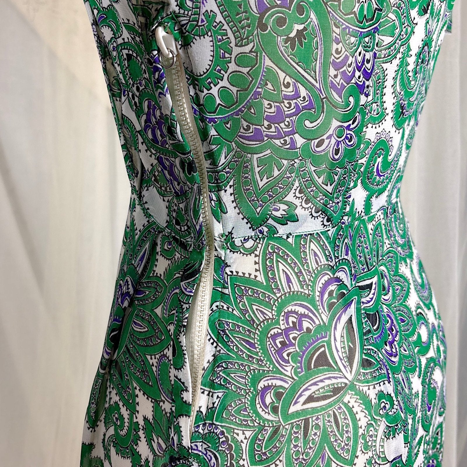 Vintage 1940's Sheer White Rayon Shirtwaist Dress with Bold Green & Purple Paisley Print - Rare Plastic Zipper - Size XS, S - Daggers & Dames