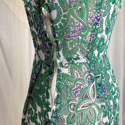 Vintage 1940's Sheer White Rayon Shirtwaist Dress with Bold Green & Purple Paisley Print - Rare Plastic Zipper - Size XS, S - Daggers & Dames