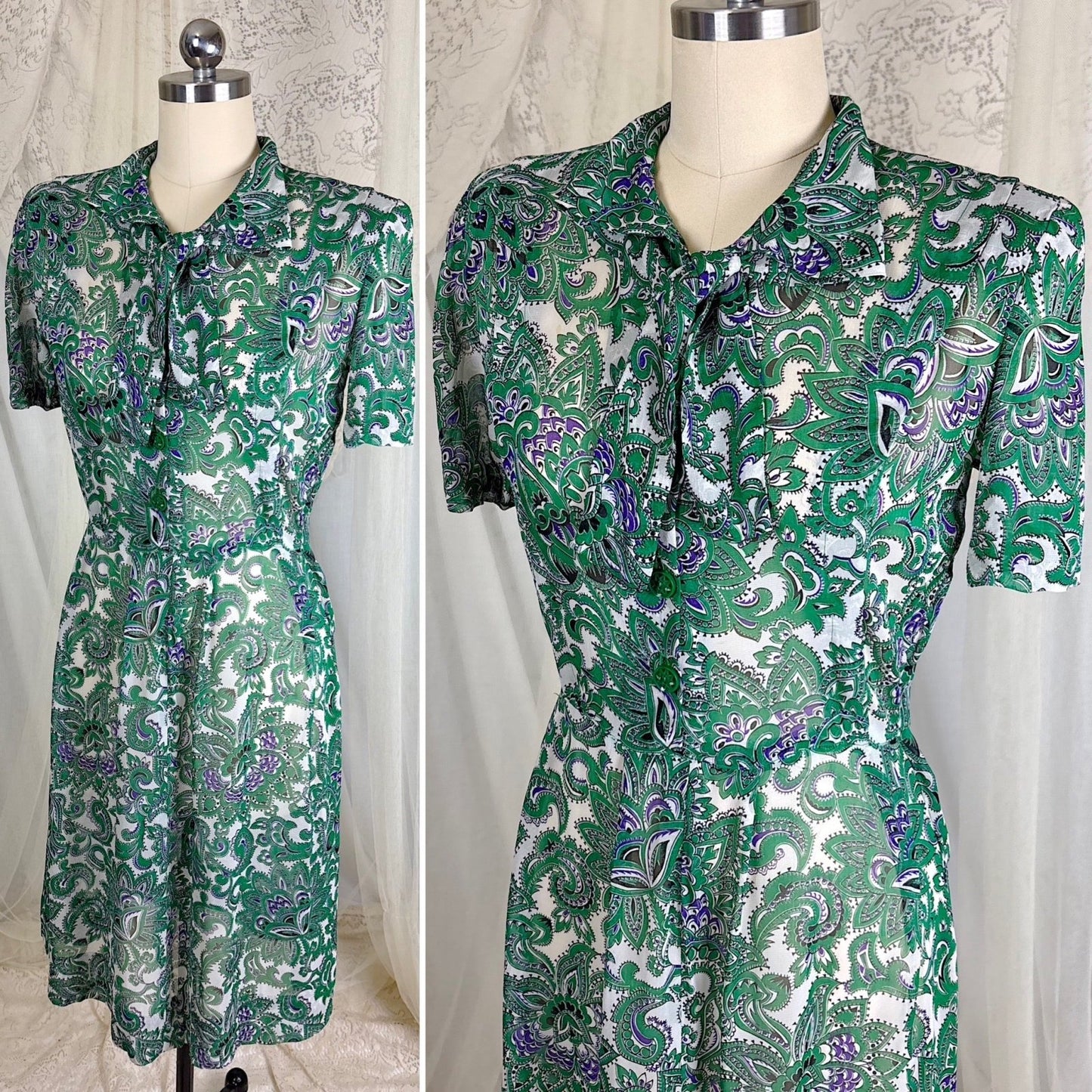 Vintage 1940's Sheer White Rayon Shirtwaist Dress with Bold Green & Purple Paisley Print - Rare Plastic Zipper - Size XS, S - Daggers & Dames