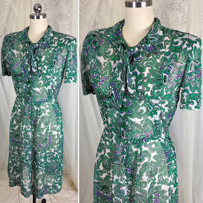 Vintage 1940's Sheer White Rayon Shirtwaist Dress with Bold Green & Purple Paisley Print - Rare Plastic Zipper - Size XS, S - Daggers & Dames