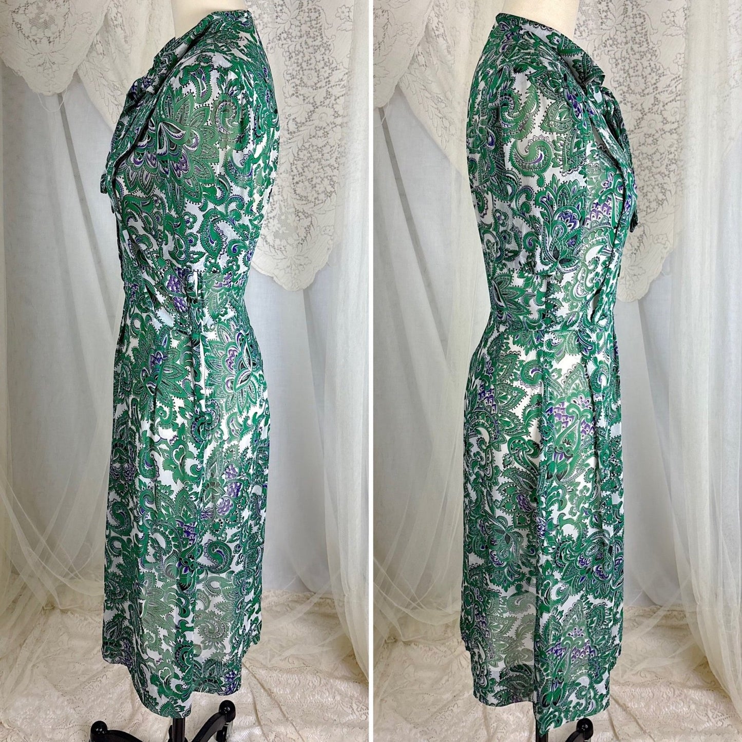 Vintage 1940's Sheer White Rayon Shirtwaist Dress with Bold Green & Purple Paisley Print - Rare Plastic Zipper - Size XS, S - Daggers & Dames