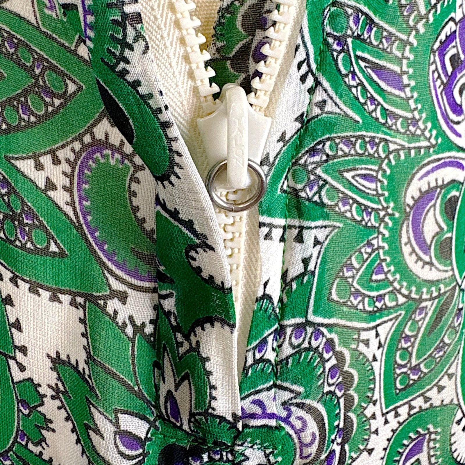 Vintage 1940's Sheer White Rayon Shirtwaist Dress with Bold Green & Purple Paisley Print - Rare Plastic Zipper - Size XS, S - Daggers & Dames