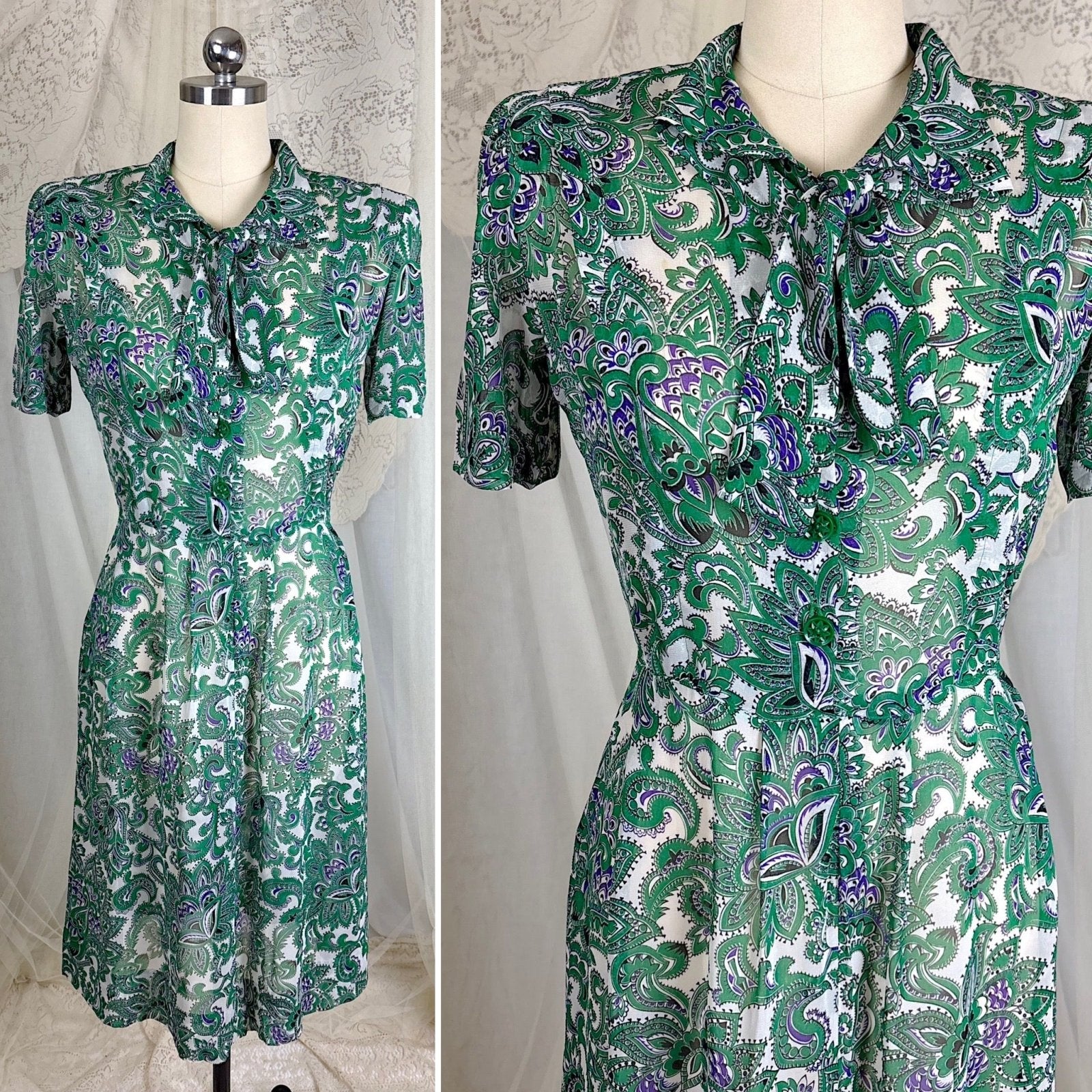 Vintage 1940's Sheer White Rayon Shirtwaist Dress with Bold Green & Purple Paisley Print - Rare Plastic Zipper - Size XS, S - Daggers & Dames